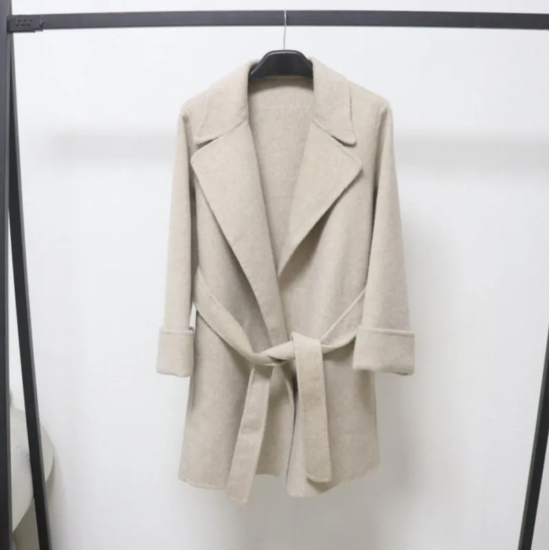 欧洲站秋冬新款中长款小个子腰带睡袍通勤双面羊毛极简风大衣外套