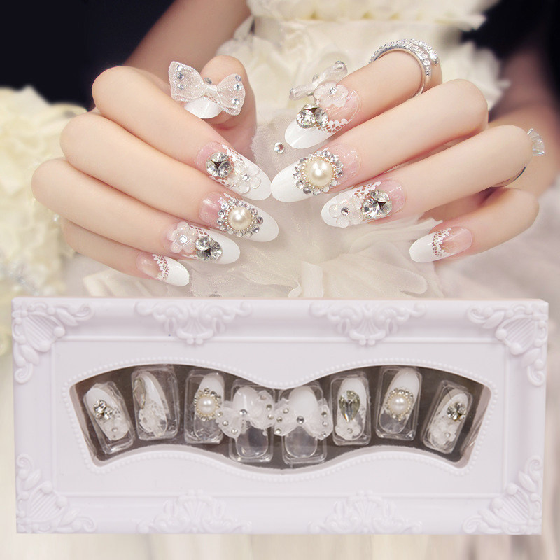 包邮新娘美甲贴片成品结婚24片蝴蝶结假指甲背胶款指甲贴片