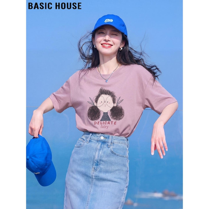 Basic House/百家好粉色印花圆领短袖T恤女夏季减龄宽松体恤上衣