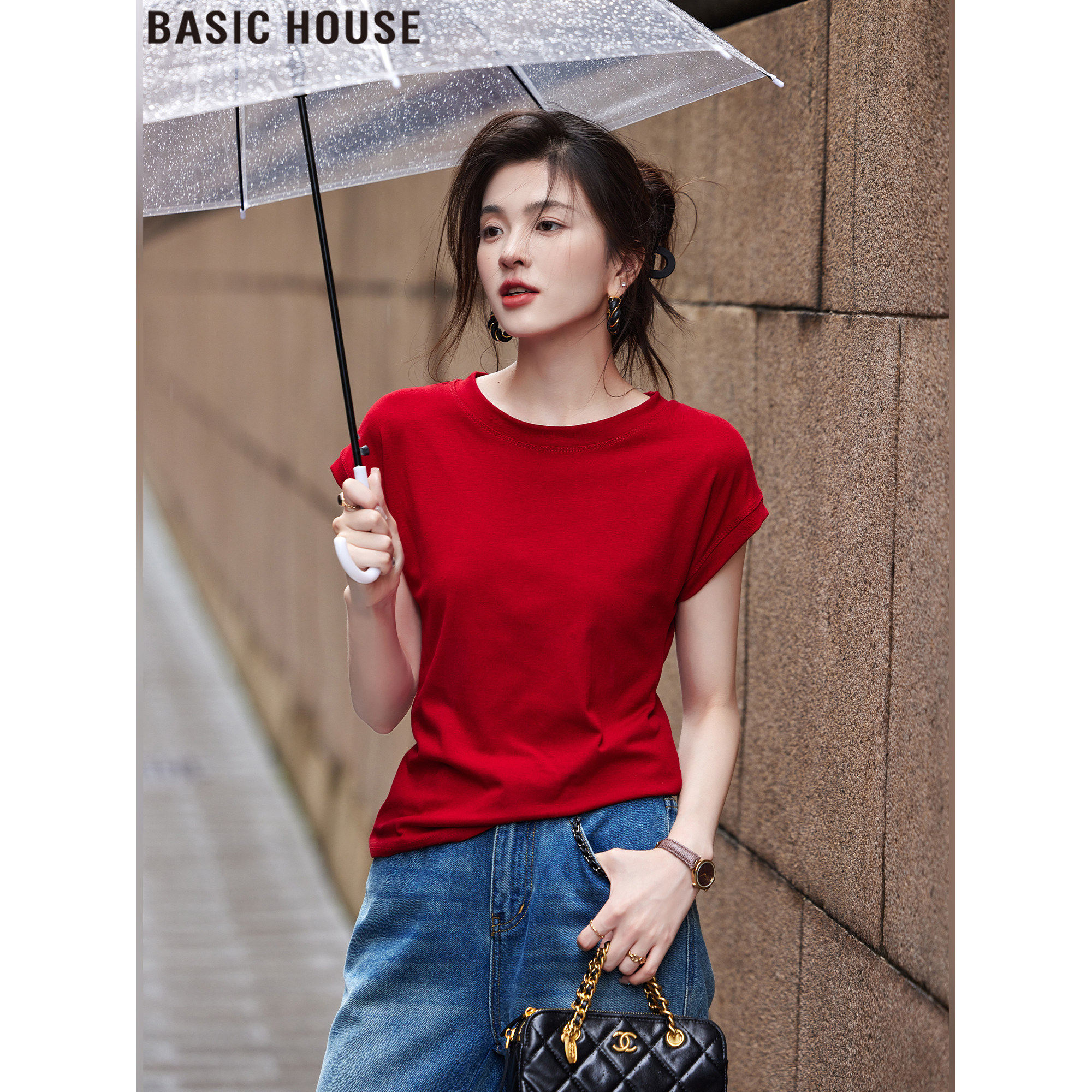 Basic House/百家好红字电台正肩宽松短袖T恤上衣女2026夏季新款