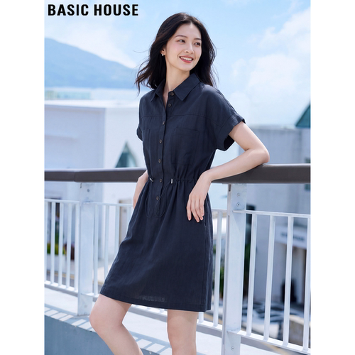 百家好藏青色亚麻薄款连衣裙女