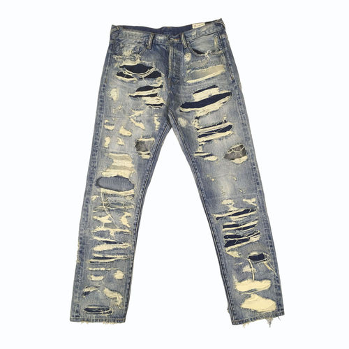 破洞补丁贴布修身直筒赤耳牛仔裤