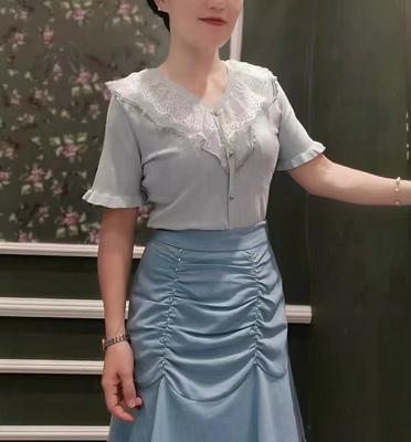 Dili迪骊专柜正品夏季 灰蓝蕾丝花边拼接针织衫开衫