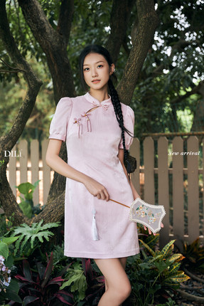 Dili迪骊专柜正品 新款夏季粉红旗袍连衣裙 L