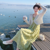 绿色流苏吊带连衣裙女2025春秋新款法式温柔风针织开衫长裙，女装套装/套裙，2C069
