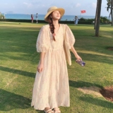 甜美碎花泡泡袖连衣裙女夏2025新款收腰显瘦气质长裙海边度假漂亮，女装连衣裙，2C069