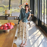 2025新款夏季复古风小飞袖宽松显瘦牛仔衬衫碎花半身裙两件套女，女装套装/套裙，2C069