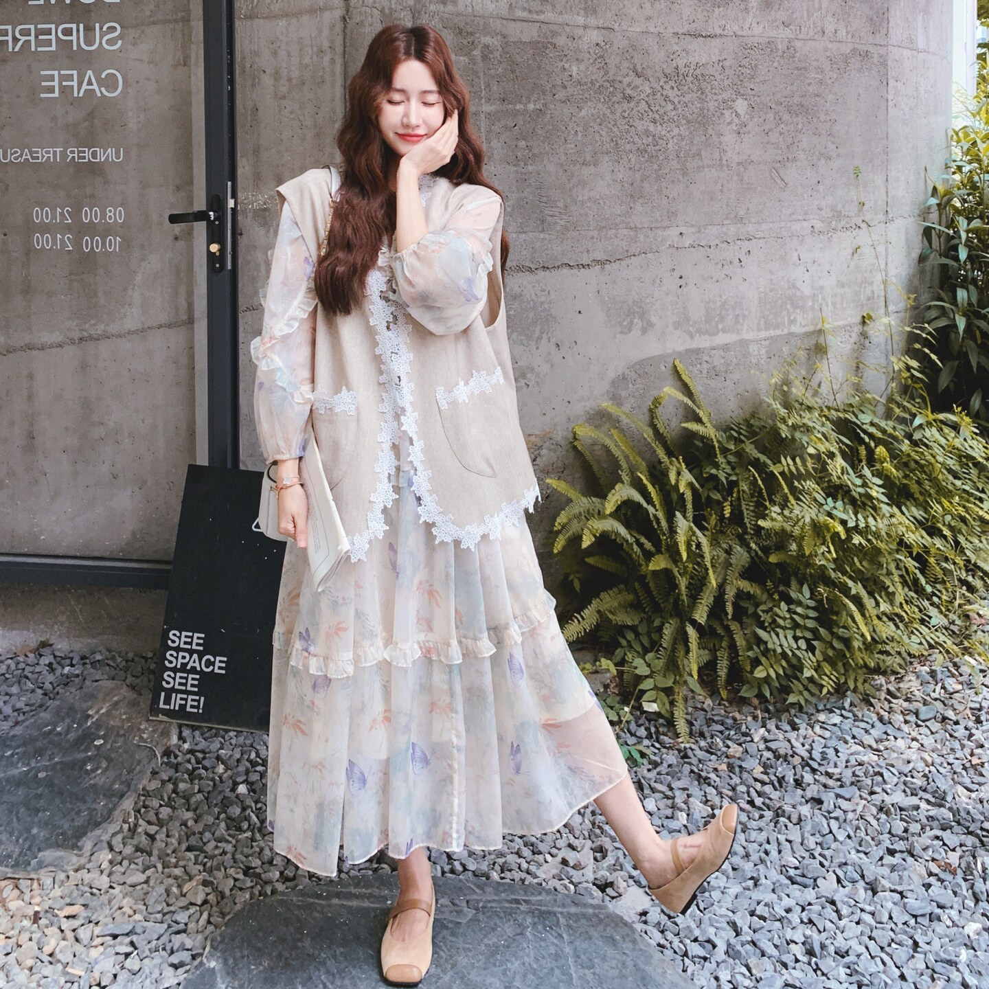【xian货】法式绝美印花连衣裙+花边马甲套装F653-P195K288,女装套装/套裙,2C069