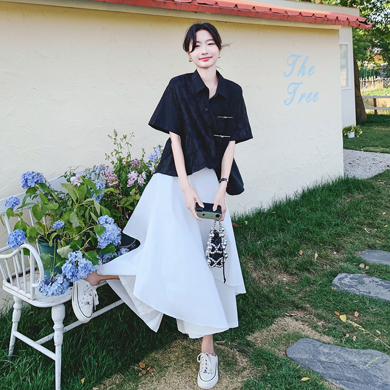新中式国风衬衫不规则半身裙套装女夏2025新款复古显瘦爆款两件套,女装套装/套裙,2C069