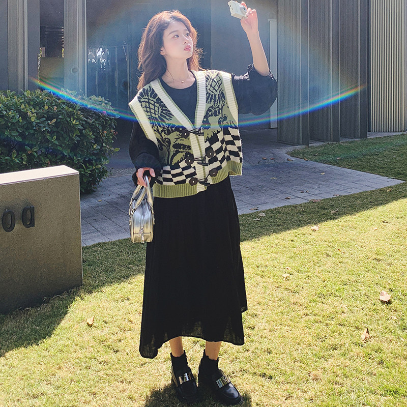 设计感针织提花马甲黑色连衣裙套装女2025春新款高级感长裙两件套,女装套装/套裙,2C069