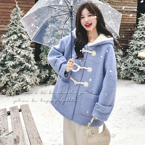 【】 減齡baby藍(lán)牛角扣連帽毛呢外套 3378-P215 K328圖片