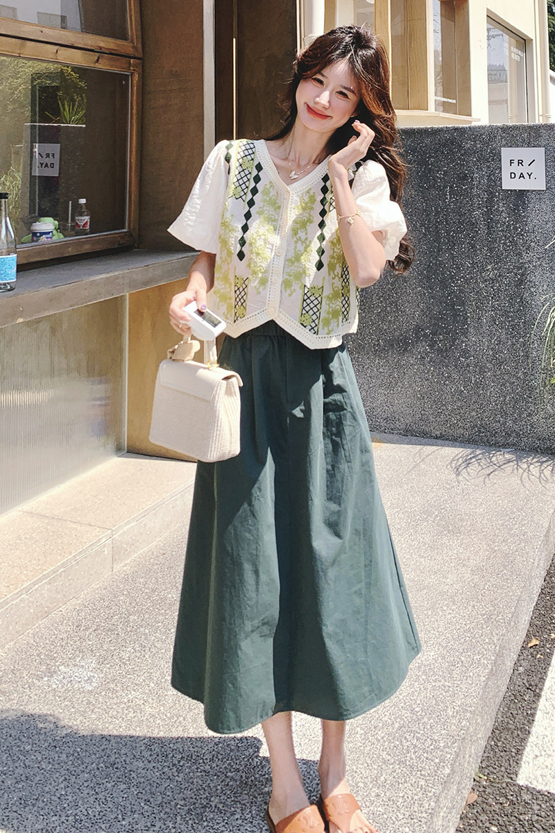 【】法式复古V领假两件衬衫+半身裙套装7763-P145K208,女装套装/套裙,2C069