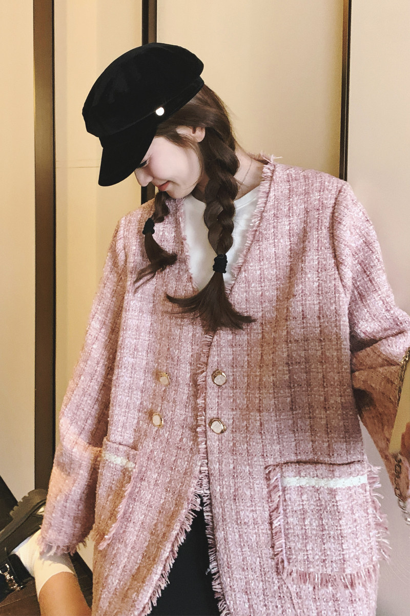 粉色流苏V领小香风外套女2025春秋新款韩系甜美小个子短款上衣潮,女装毛呢外套,2C069