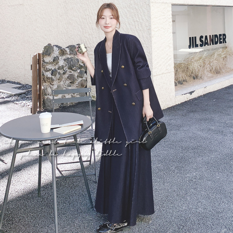 职业通勤穿搭藏蓝色西服上衣女初春秋超火好看高级感半身裙两件套图片