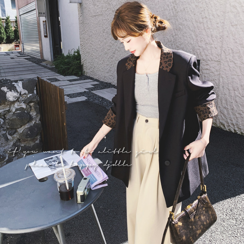 豹纹拼接黑色西装外套女2025春季新款复古设计感韩系百搭西服上衣图片