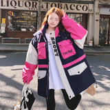 粉色撞色拼接工装羽绒服女2025冬季新款韩系设计感宽松白鸭绒外套，女装羽绒服，2C069