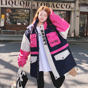 粉色撞色拼接工装羽绒服女2025冬季新款韩系设计感宽松白鸭绒外套图片