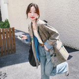 涂鸦牛仔拼接格子西装外套女春秋高级感美式英伦风独特设计西服，女装西装，2C069