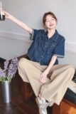 【】韩系减龄短袖牛仔上衣+卡其长裤套装7708-P155K218，女装套装/套裙，2C069