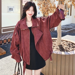 酒红色工装夹克外套女春秋2025新款宽松美式复古爆款大码上衣夹克图片