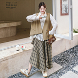 【】针织衬衫+格纹半身裙+不规则马甲3件套6099-P235K378，女装套装/套裙，2C069