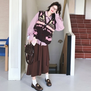 【大货】粉色双领衬衫+半身裙+撞色马甲3件套 6068-P220 K358图片