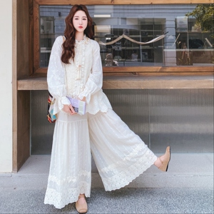 法式刺绣穿搭套装女2025秋季新款气质蕾丝花边衬衫阔腿裤两件套图片