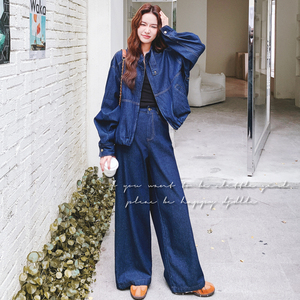 休闲减龄穿搭蓝色工装牛仔套装女2025年春秋超火好看阔腿裤两件套图片