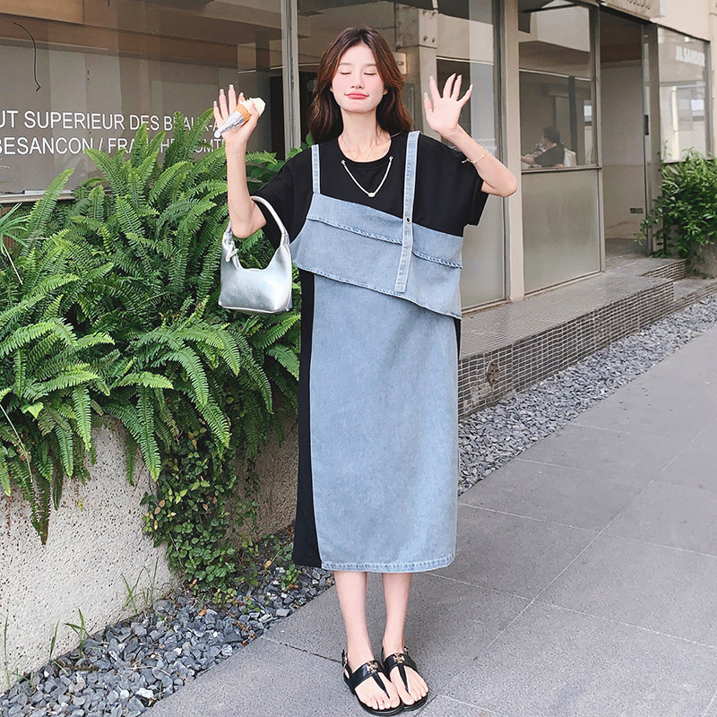 高级感假两件牛仔连衣裙女夏2025新款冷淡系别致独特卫衣t恤裙,女装连衣裙,2C069