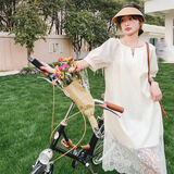 米白色蕾丝拼接连衣裙女中长款2025夏季新款法式宽松泡泡袖长裙子，女装连衣裙，2C069