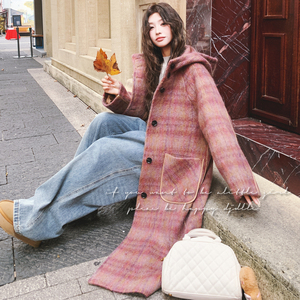 韩版加厚复古连帽格纹呢子大衣女2025秋冬季新款宽松显瘦毛呢外套图片