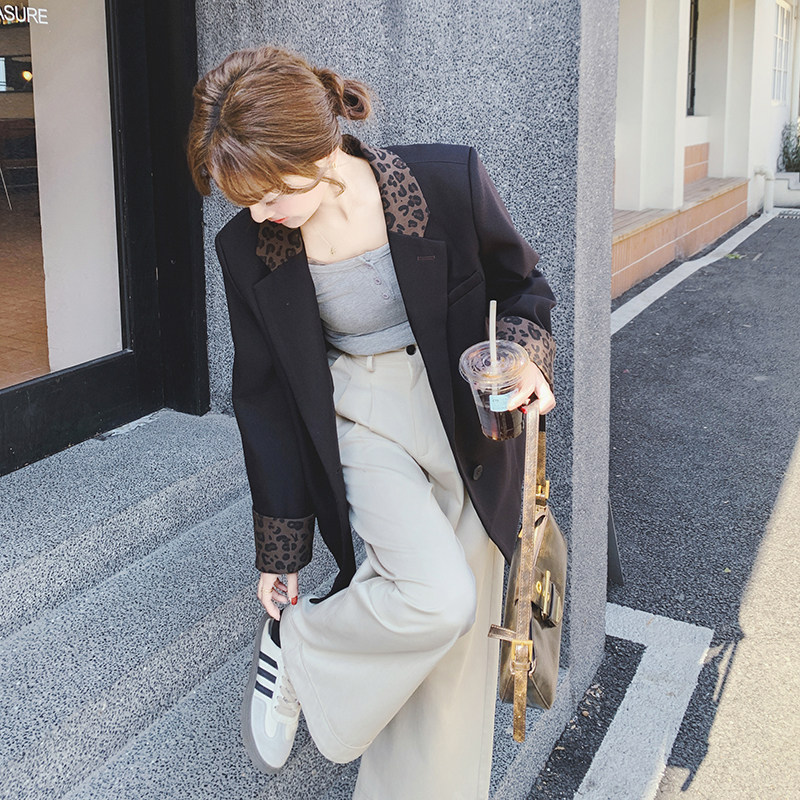豹纹拼接黑色西装外套女2025春季新款复古设计感韩系百搭西服上衣,女装西装,2C069