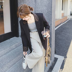 豹纹拼接黑色西装外套女2025春季新款复古设计感韩系百搭西服上衣图片