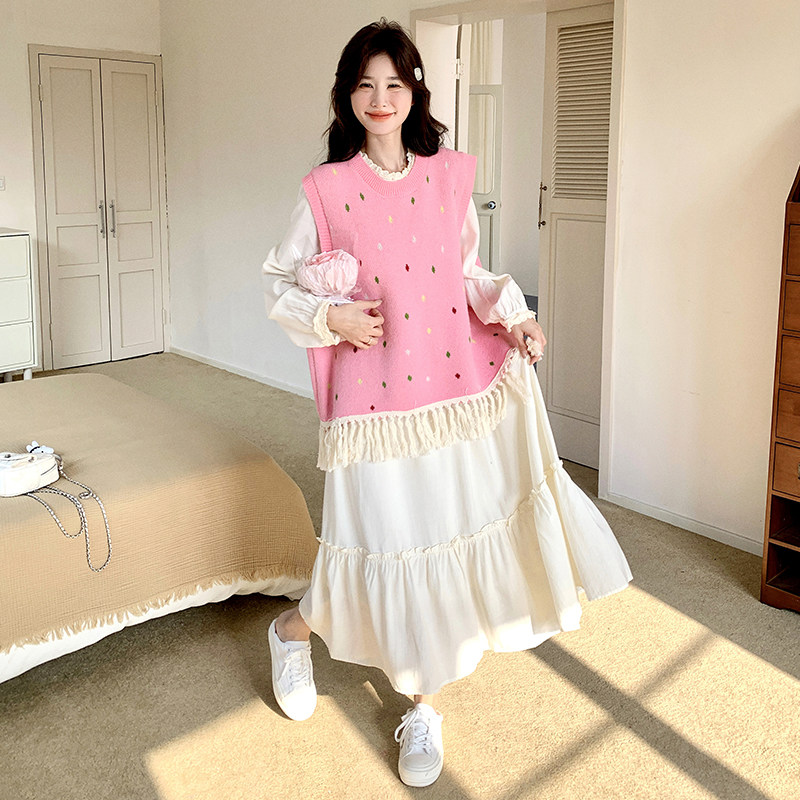 【】花边拼接连衣裙+粉流苏针织马甲套装2522-P185K258,女装套装/套裙,2C069