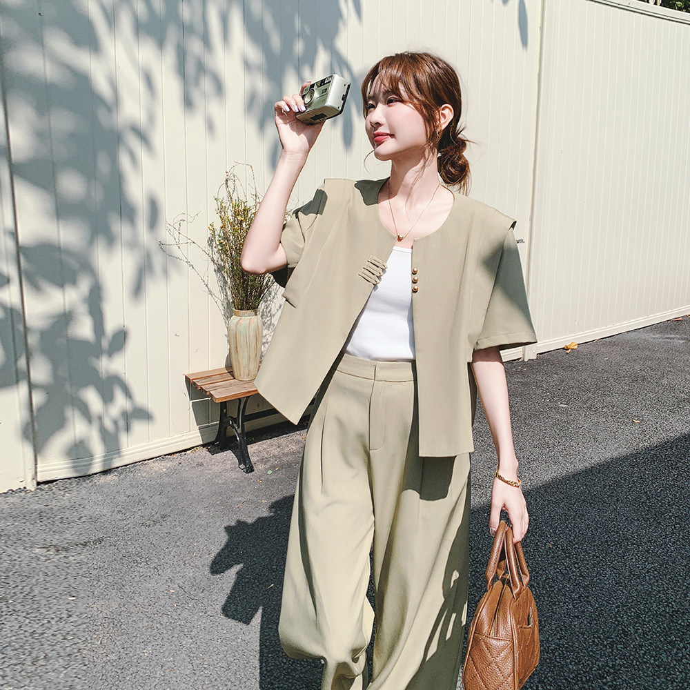 韩系时尚休闲西装套装女2025年夏季新款高级感超好看阔腿裤两件套,女装套装/套裙,2C069