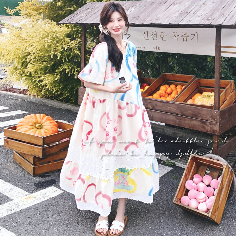 【】法式设计感蕾丝拼接涂鸦印花连衣裙7725-P145K208，女装连衣裙，2C069