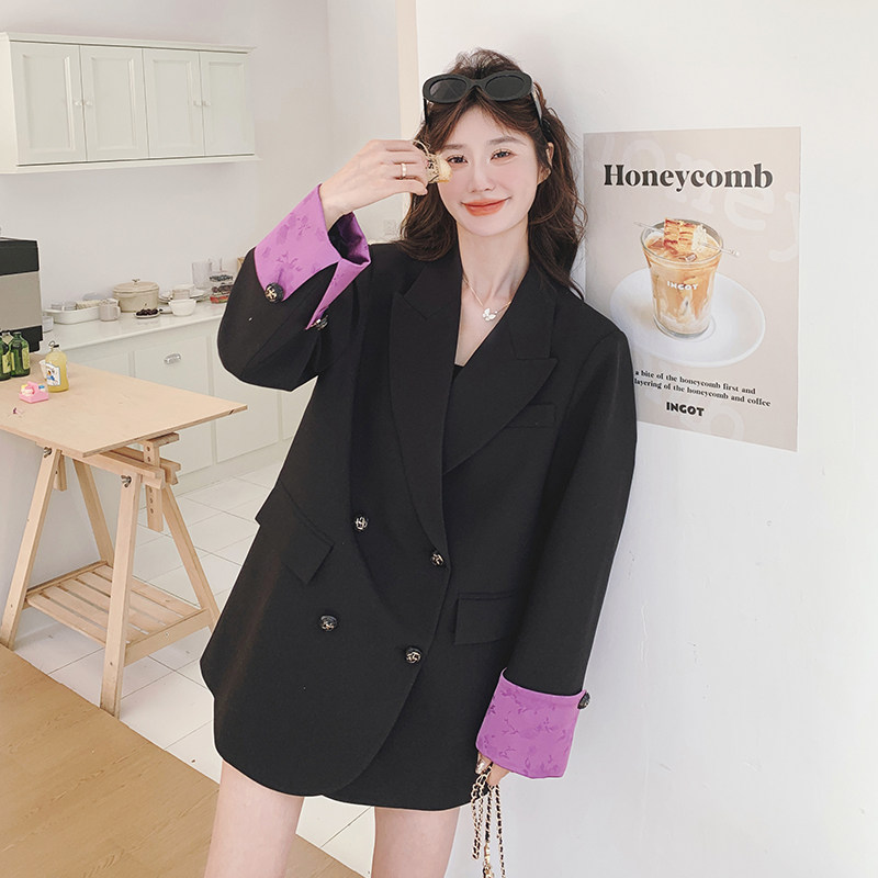 撞色袖口西装外套女春秋2025新款黑色高级感西服气质穿搭流行爆款,女装西装,2C069