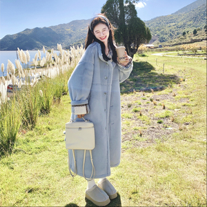 2025年冬季设计感复古百搭蓝色格纹加绒外套女甜美减龄双面穿大衣图片