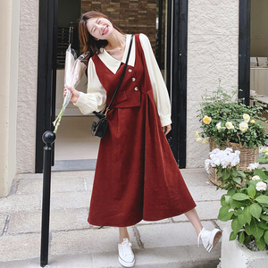 法式红色假两件衬衫连衣裙女2024秋季新款高级感气质设计感长裙子图片
