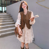 【数据好】法式复古水墨连衣裙+皮马甲套装99006-P155K218，女装套装/套裙，2C069