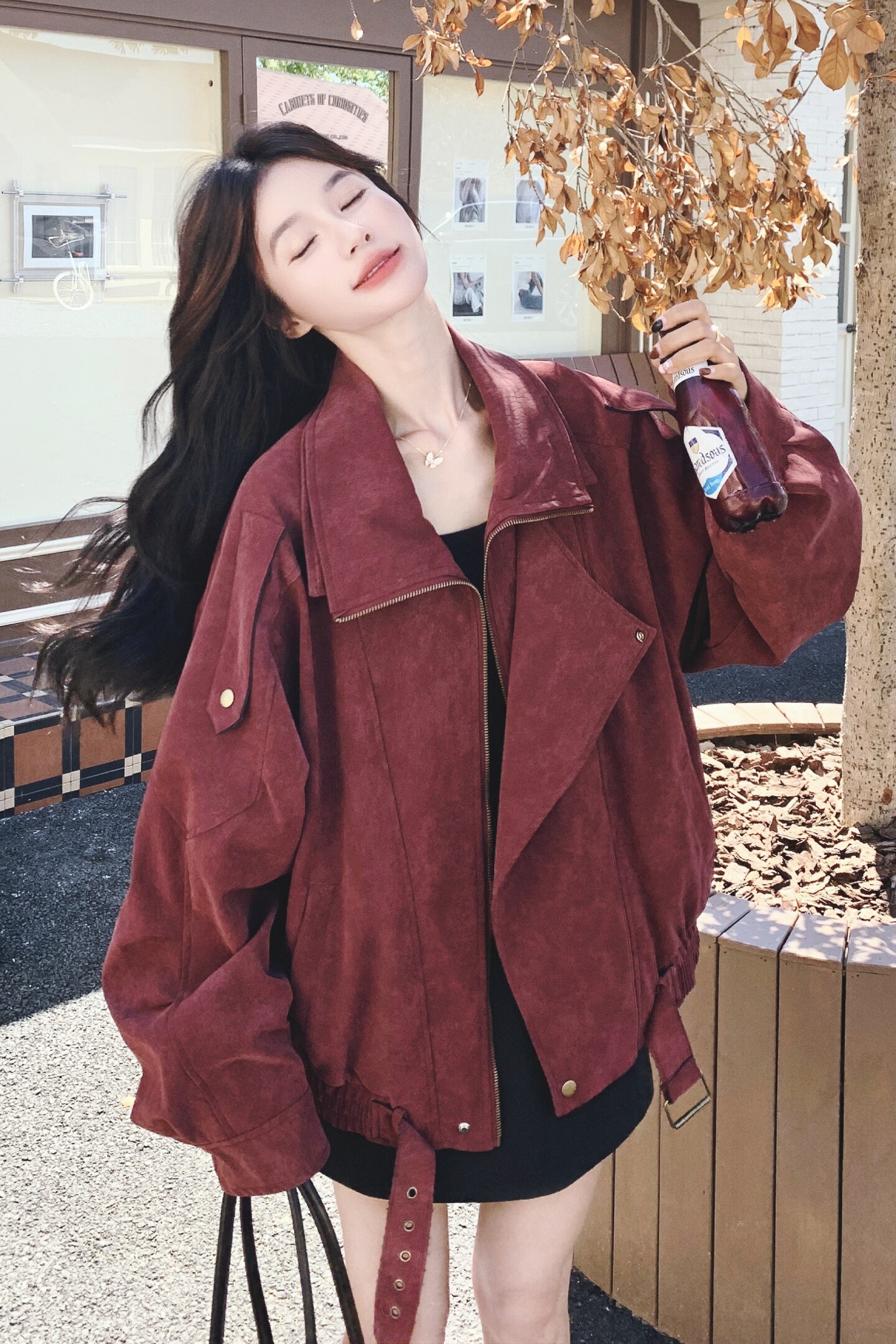 酒红色工装夹克外套女春秋2025新款宽松美式复古爆款大码上衣夹克,女装皮衣,2C069