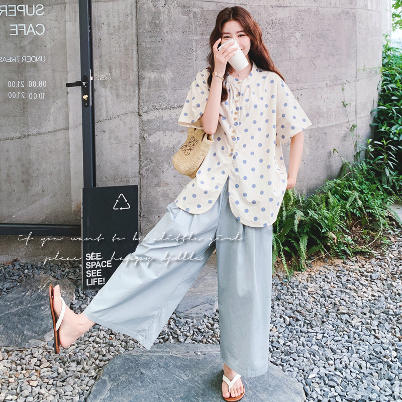 盐甜系宽松减龄波点短袖衬衫阔腿裤套装女2025夏新款小个子两件套图片