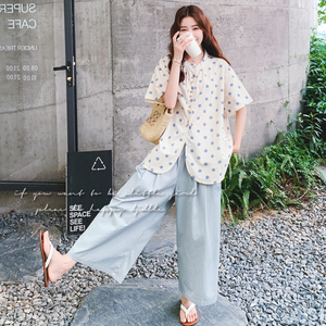 盐甜系宽松减龄波点短袖衬衫阔腿裤套装女2025夏新款小个子两件套图片