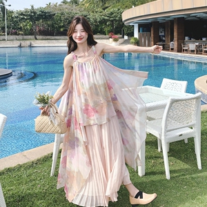粉色不规则雪纺印花网纱吊带长裙新款温柔森系超好看连衣裙仙女夏图片