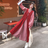 红色新中式开衫套装春秋女2025新款复古学院减龄格纹衬衫裙两件套，女装套装/套裙，2C069