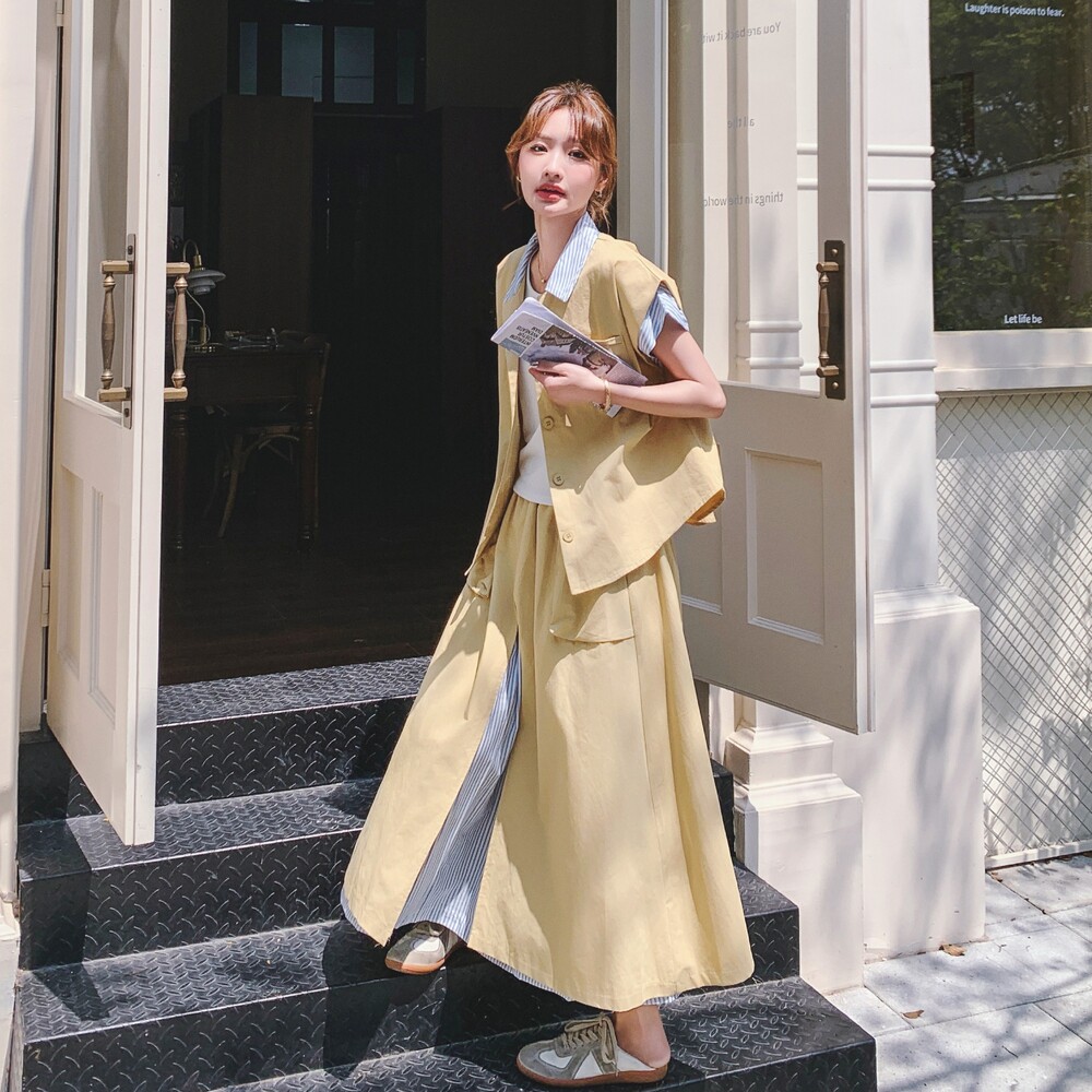 【】法式条纹假两件衬衫+拼接半身裙套装7751-P165K228,女装套装/套裙,2C069