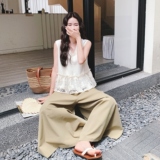蕾丝拼接无袖上衣阔腿裤套装女夏2025新款两件套绝美俏皮又酷又飒，女装套装/套裙，2C069