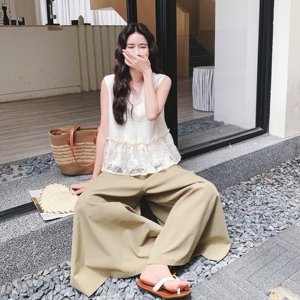 蕾丝拼接无袖上衣阔腿裤套装女夏2025新款两件套绝美俏皮又酷又飒图片