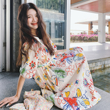 韩版俏皮减龄涂鸦连衣裙女2025夏季新款宽松慵懒风宽松显瘦长裙子，女装连衣裙，2C069