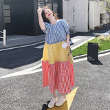 撞色拼接连衣裙夏季2025新款韩版洋气泡泡袖格子多巴胺短袖公主裙，女装连衣裙，2C069